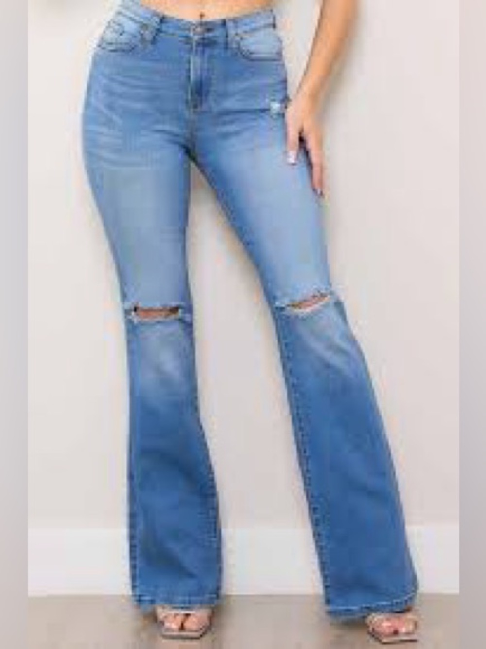 Vibrant Light Blue High-Rise Flare Jeans with Knee Rips